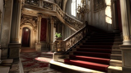 Fototapeta premium Majestic staircase in an opulent mansion bathed in golden sunlight coming through tall windows. Generative AI