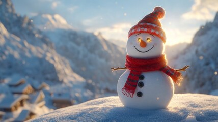 Obraz premium Cheerful Snowman in Snowy Mountain Village at Sunset