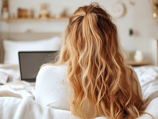 Naklejka premium Woman with long wavy blonde hair relaxing on a bed with a cozy home interior