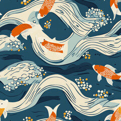 Obraz premium A Japanese-inspired koi fish pattern, where graceful swimming fish glide through stylized water waves in soft blues and oranges