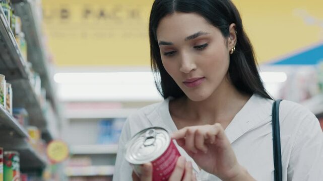 Attractive Customer Inspects Ingredients Of Canned Product While Standing In Mall. Health-Conscious Shopper Evaluates Nutrition Labels In The Supermarket. Shopping Concept