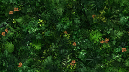 Tropical Greenery Lush Foliage and Orange Floral Accents Dense Rainforest Botanical Illustration