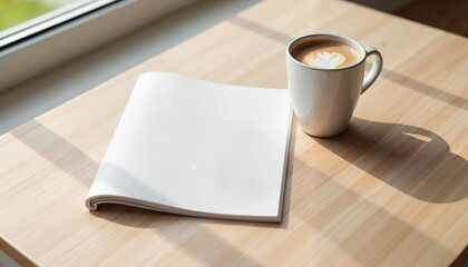 Coffee cup with latte art and blank notebook on wooden table