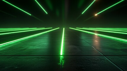 Green neon lines extend into the distance across a dark floor