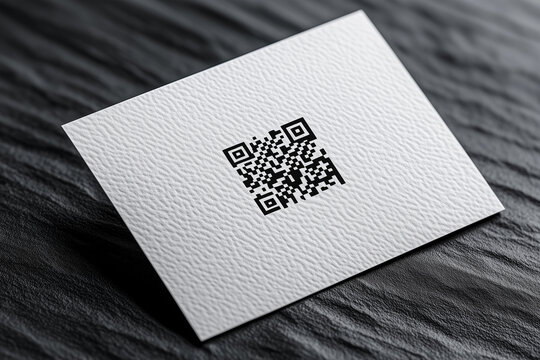 Blank white business card mockup with micro-embossed QR code design on textured surface