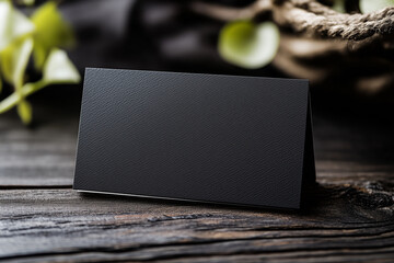 Elegant black business card mockup featuring a refined white dashed border on a rustic wooden surface