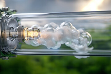 futuristic visualization of energy flow in transparent tube, showcasing glowing elements and vapor. This scene evokes sense of innovation and technology