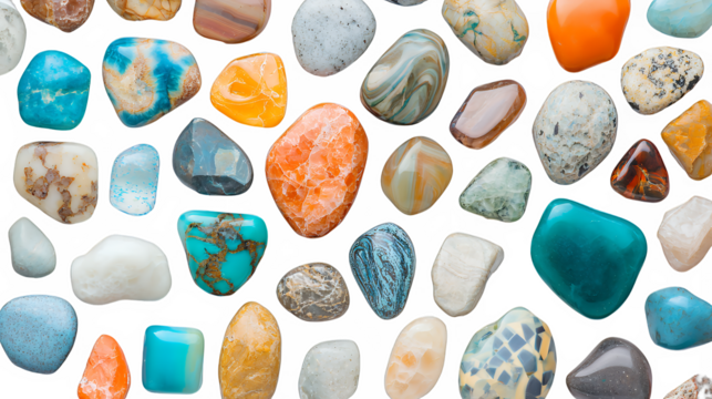 collection of colorful rocks and crystals of various shapes and colors on a transparent background, photo PNG image, PNG file, Generative art.