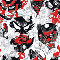 A dynamic Chinese opera mask pattern, where vividly painted faces in red, black, and white create a dramatic and theatrical effect