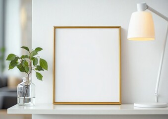 Minimalist Interior Scene with Gold Frame, Green Twig in Glass Vase, Modern Desk Lamp on White Shelf
