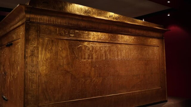 The golden shrine of Pharaoh Tutankhamun, engraved with intricate hieroglyphs and divine scenes. This masterpiece embodies ancient Egyptian beliefs in protection and the journey to the afterlife.