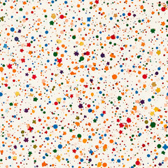 Fototapeta premium A confetti explosion pattern with tiny, multicolored dots and stars, scattered playfully across a white background