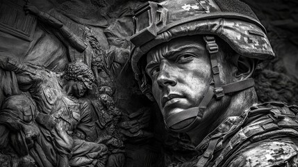Duty Bound: Stoic American Soldier Emerging from Bas-Relief Sculpture