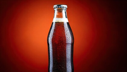 Glass bottle of cola with condensation against an orange background