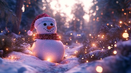 Obraz premium Enchanted Snowman in a Snowy Forest at Dusk
