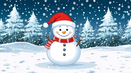 Joyful Snowman in Snowy Winter Forest at Night