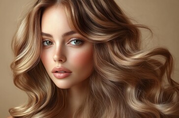 Fototapeta premium Close-up Portrait of Beautiful Wavy Hair and Smiling Woman with Long Curly Hair in Natural Light