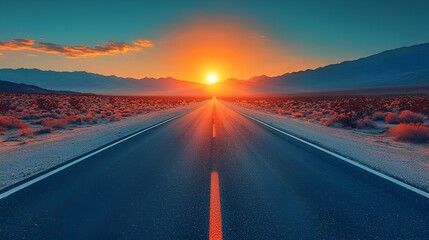 Empty road leading to sunrise over desert mountains. Possible use Stock photo for travel, adventure, or inspirational themes