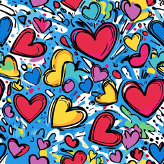 Fototapeta premium A quirky and colorful heart explosion pattern, with large and small hearts bursting in various directions in a cartoon-like style. A fun and energetic design