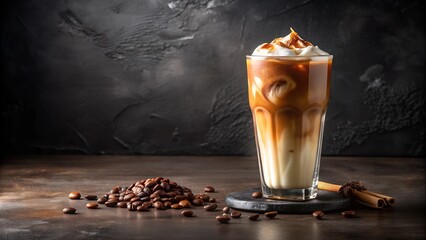 Iced Caramel Latte with Coffee Beans and Cinnamon. A tall glass of iced caramel latte with whipped cream, surrounded by coffee beans and cinnamon sticks on a dark rustic background