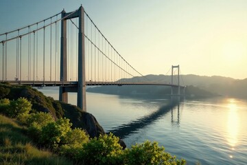 Obraz premium Serene Sunset Vista of a Suspension Bridge Spanning a Calm Body of Water