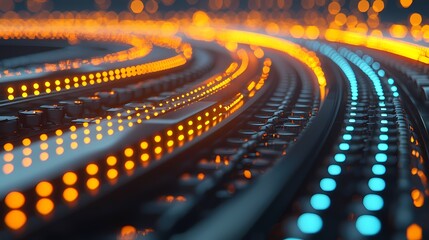 Fototapeta premium A close-up view of illuminated, colorful lines resembling digital pathways, showcasing vibrant orange and blue lights in a smooth, flowing pattern.