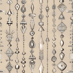A delicate desert Tuareg jewelry pattern, with intricate silver beads, hand-etched amulets, and geometric talismans