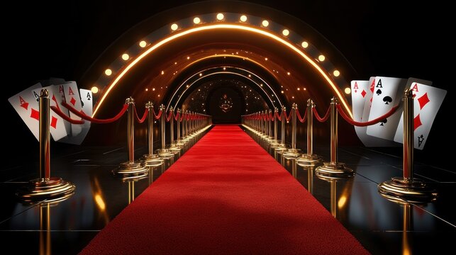 Luxurious Casino Entrance with Red Carpet and Playing Cards - Powered by Adobe