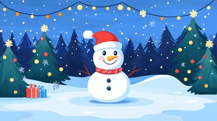 Happy Snowman in Snowy Winter Wonderland Christmas Scene