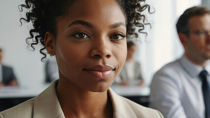 Confident businesswoman at a professional meeting among colleagues.