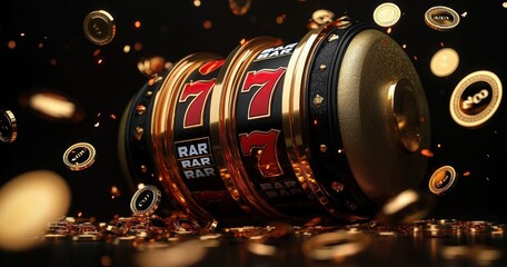 Golden Slot Machine with Red Sevens Surrounded by Coins in Luxurious Casino Scene