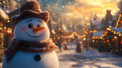 Fototapeta premium Smiling Snowman in a Festive Winter Village at Sunset