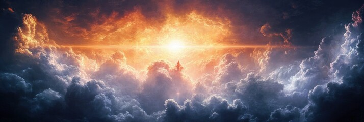 Jesus Christ Ascending in Celestial Clouds with Brilliant Light