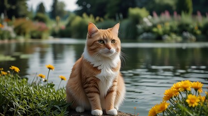 Cat in the grass by the side of river
