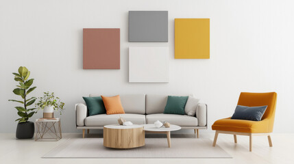 Fototapeta premium A modern living room with stylish furniture and colorful wall art for cozy ambience.