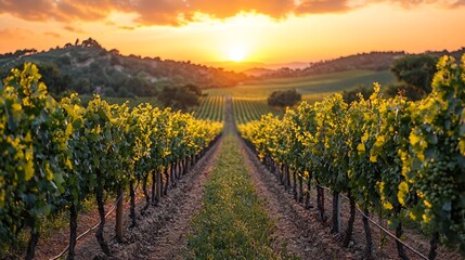 Naklejka premium Vineyard Sunset Landscape; rows of grape vines stretching to a sunset over rolling hills. Possible use Nature stock photo, agriculture, travel