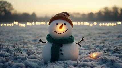 Fototapeta premium Glowing Snowman in Snowy Field at Sunset