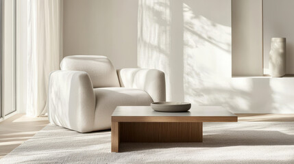 Fototapeta premium A serene living space featuring a white armchair and a minimalist wooden table.