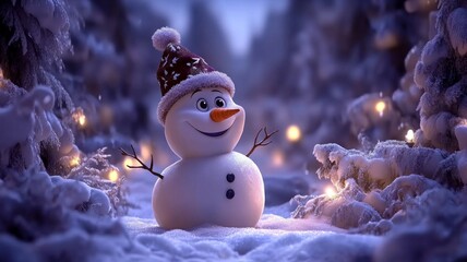 Obraz premium Joyful Snowman in a Magical Winter Forest