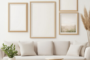 A serene living room featuring empty frames and a cozy sofa with decorative pillows.