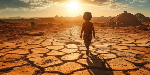 A child walking miles under the scorching sun to reach the only remaining well in a dry, desolate region.