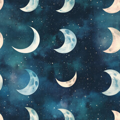 Naklejka premium A dreamy moon phase pattern, where crescent and full circles represent different lunar cycles in a soft watercolor night sky theme