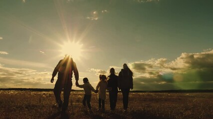 mother father child walking sunset park, girl boy son daughter happy family, childhood dream sun, happy kid running, parents children walking lawn, kid runs, happy family, happy children leisure - Powered by Adobe