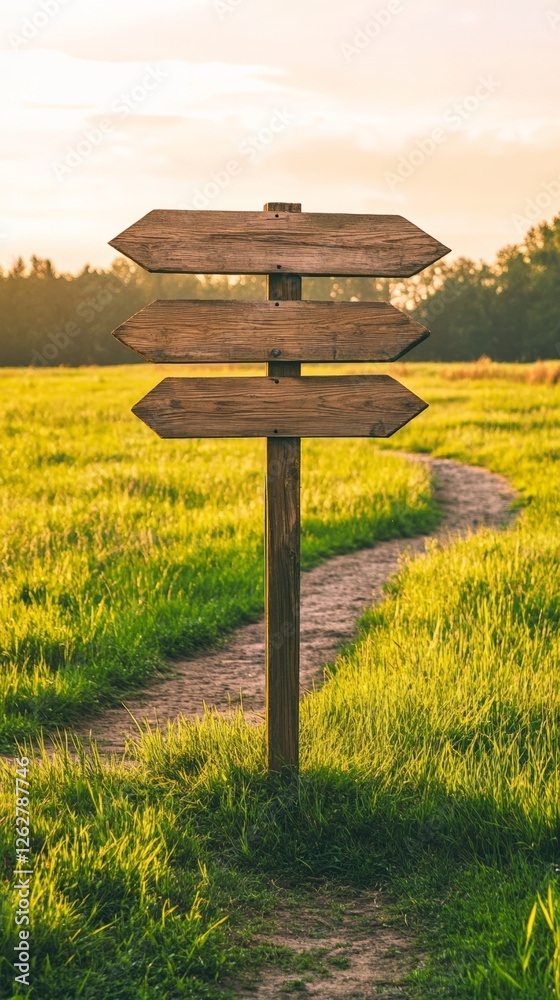 Poster Three blank wooden arrows on a signpost are pointing in different directions in a field at sunset, symbolizing choices, decisions, and the concept of fobo - fear of better options -