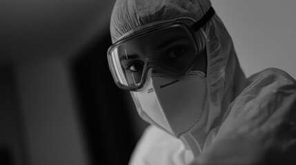 A nurse wearing PPE while caring for a COVID-19 patient, harsh clinical lighting, heroic theme, dramatic style