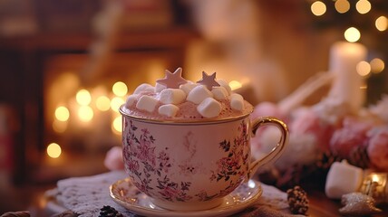 Fototapeta premium Cozy Hot Chocolate with Marshmallows by the Fireplace