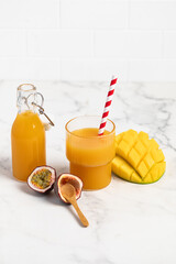 tropical refreshing detox smoothie, cocktail,
passion fruit, mango, banana, pineapple