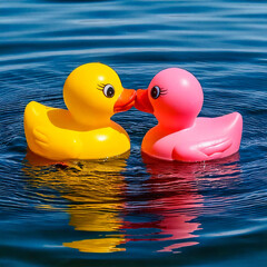 Zwei verliebte Badeenten im Wasser, die sich küssen.
