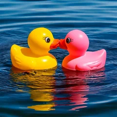 Zwei verliebte Badeenten im Wasser, die sich küssen. © Niki Grims