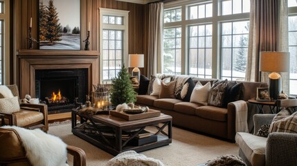 Cozy living room showcasing a winter wonderland aesthetic with fireplace
